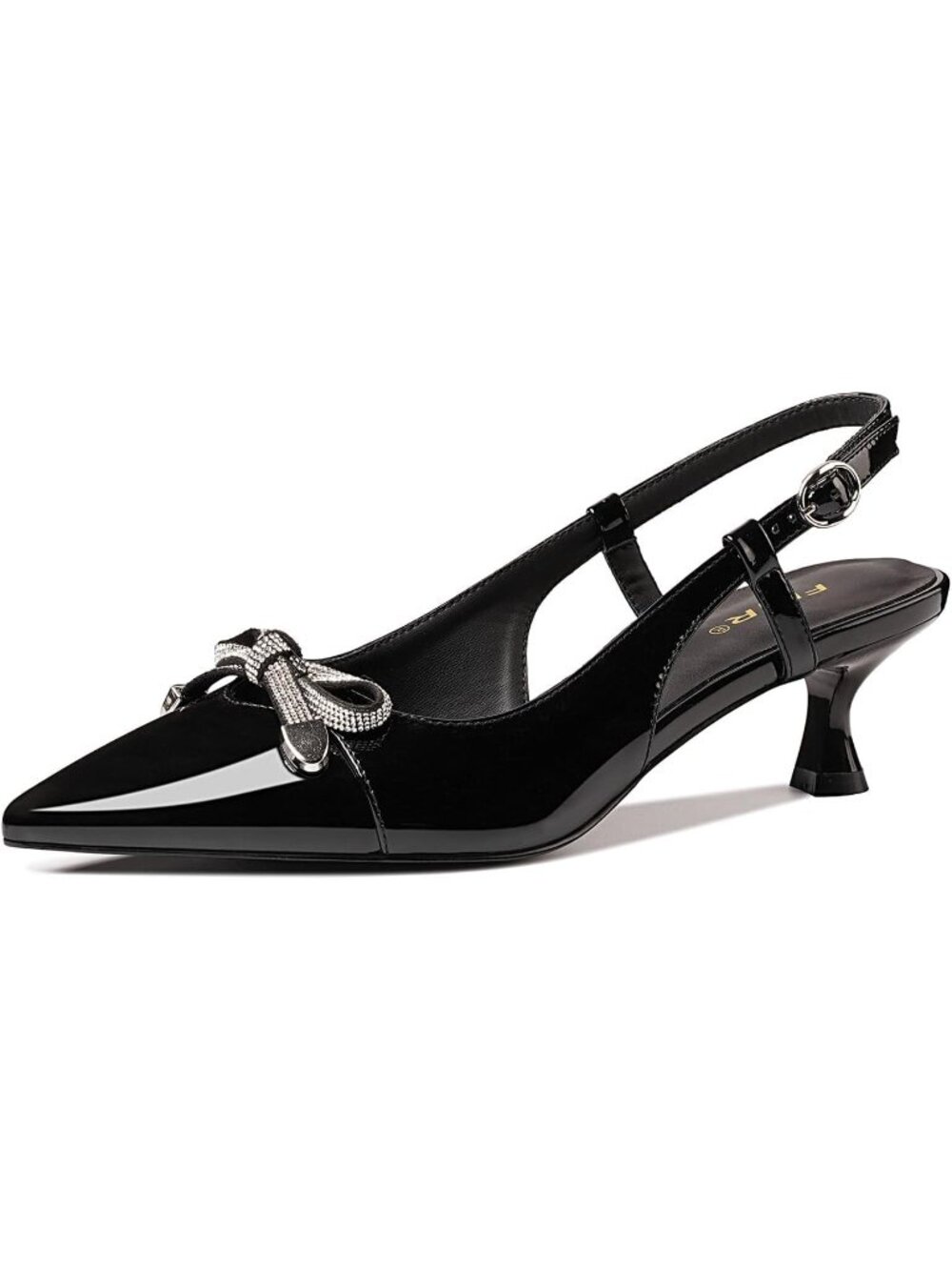 Women's Black Closed Pointed Toe Heels Patent Leather Low Heel Slingback Shoes